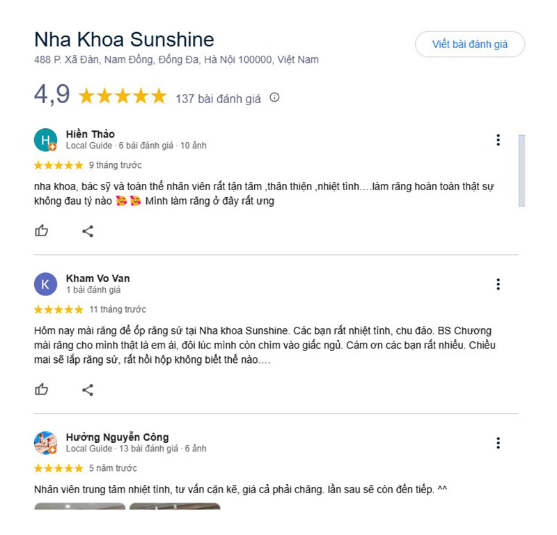 Sunshine nhận về 137 lượt đánh giá 5 sao trên Google 