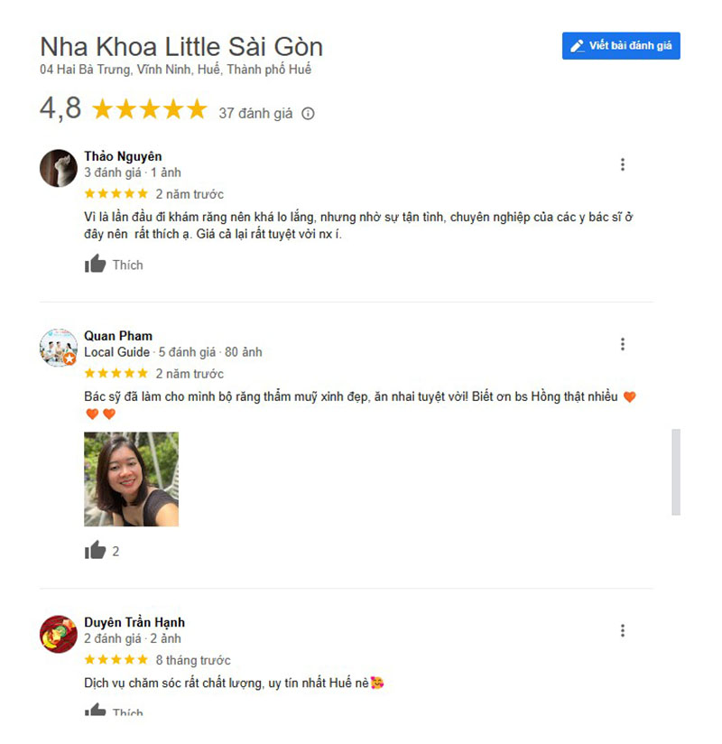 Tổng hợp các nha khoa niềng răng ở Huế đáng tin cậy nhất Little nhận nhiều feedback 5 sao trên các nền tảng về thái độ phục vụ