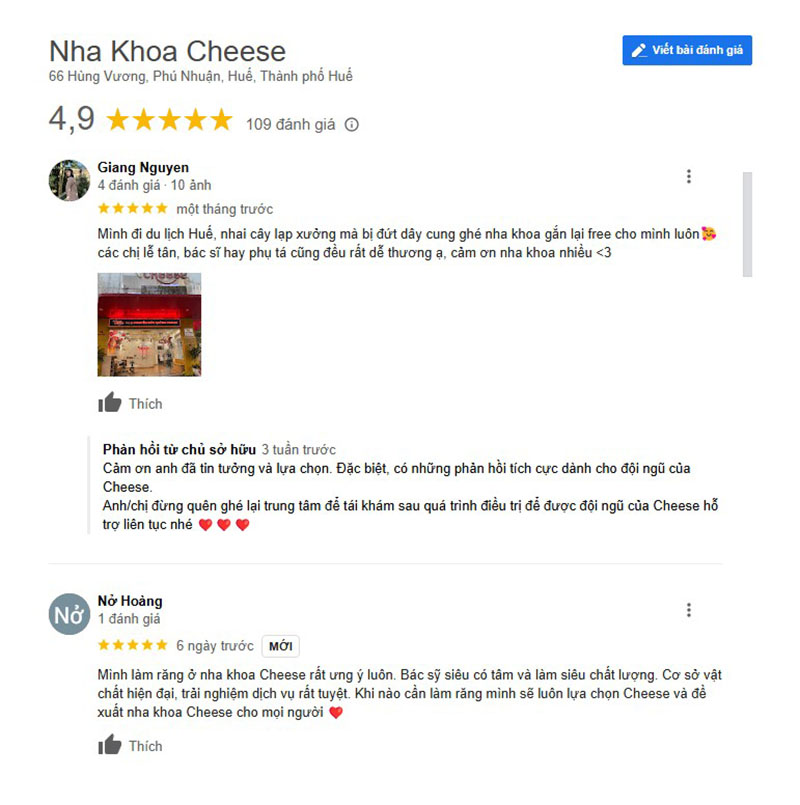 Tổng hợp các nha khoa niềng răng ở Huế đáng tin cậy nhất Đánh giá 4.9 sao trên Google với 109 lượt nhận xét