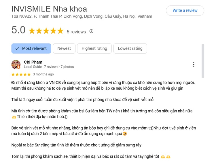 Chất lượng dịch vụ nhận về nhiều lời khen với đánh giá 5 sao trên Google