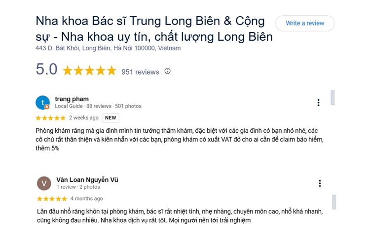 Phòng khám bác sĩ Trung Long Biên thu về 951 lượt feedback đạt 5.0 sao và nhiều phản hồi tích cực trên Google
