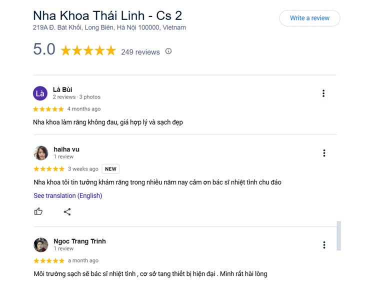 Nha khoa Thái Linh cơ sở 2 nhận về 249 đánh giá 5 sao trên Google