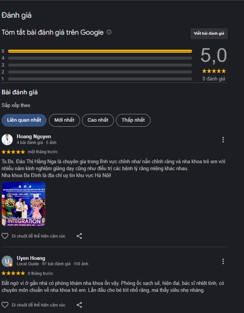 Top 7 nha khoa ở Ba Đình chất lượng, dịch vụ tốt nhất hiện nay Đánh giá công tâm từ khách hàng dành cho nha khoa Ba Đình.