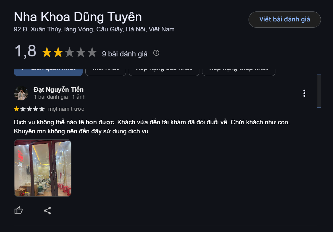 Đánh giá không mấy khả quan từ khách hàng về nha khoa Dũng Tuyên
