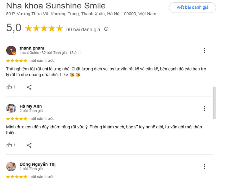 Cập nhật địa chỉ các nha khoa ở Khương Trung mới nhất Đánh giá về nha khoa Sunshine Smile