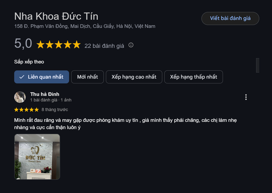 Nha khoa nhận được nhiều đánh giá tích cực trên Google nhờ bác sĩ giỏi và dịch vụ chu đáo