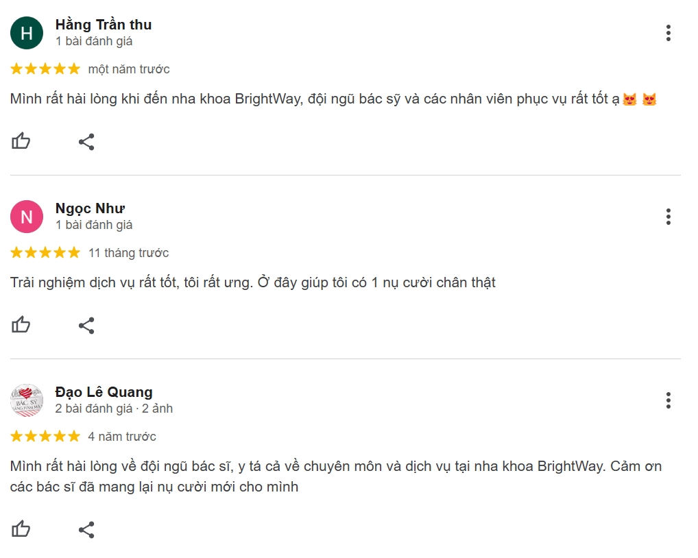 Địa chỉ nha khoa ở Minh Khai được nhiều khách hàng tin chọn Nha khoa Brightway nhận được nhiều đánh giá tích cực từ khách hàng