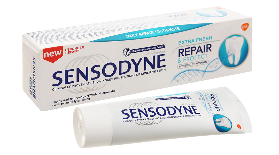 Top 10+ kem đánh răng nhạy cảm chống ê buốt chảy máu chân răng Sensodyne Repair & Protect được sản xuất với quy trình công nghệ NovaMin tiên tiến nên có thể khắc phục tình trạng ê buốt răng hiệu quả