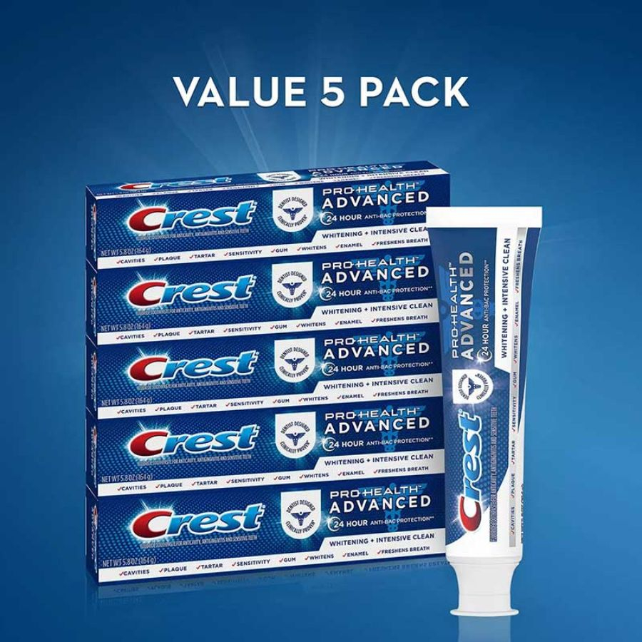 Top 10+ kem đánh răng nhạy cảm chống ê buốt chảy máu chân răng Crest Pro-Health Advanced Whitening + Intensive Clean có công thức với 8 tác động giúp ngăn ngừa sâu răng, hôi miệng, chống ê buốt, bảo vệ men răng,... hiệu quả