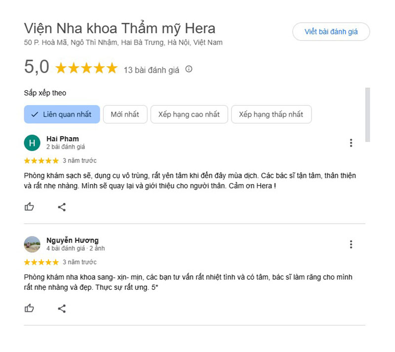 Cơ sở nhận về 13 đánh giá 5 sao từ Google 