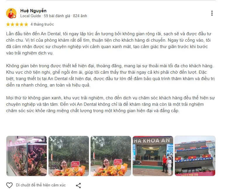 Nha Khoa An lan tỏa nụ cười khơi dậy tự tin Mỗi khách hàng bước ra khỏi phòng khám không chỉ mang theo hàm răng đẹp mà còn nhận về sự hài lòng, niềm tin và gắn bó lâu dài.