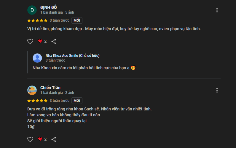 Đánh giá tích cực từ khách hàng dành cho nha khoa ACE Smile