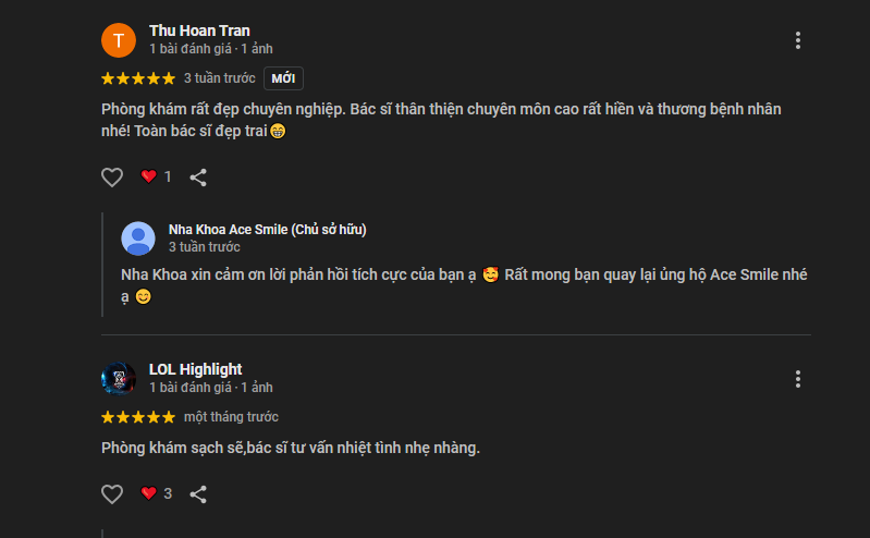 Đánh giá tích cực từ khách hàng dành cho nha khoa ACE Smile