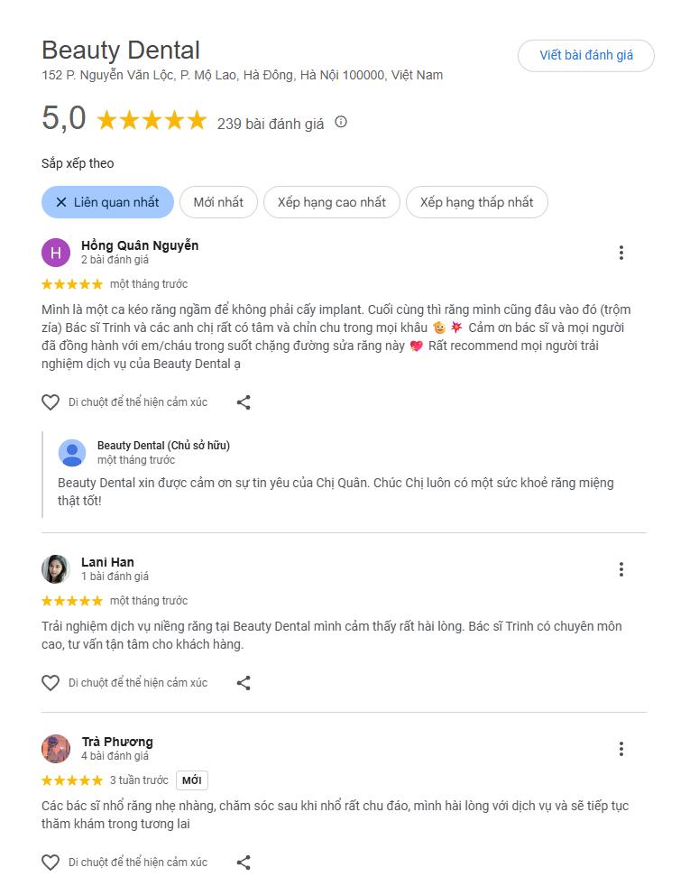 Không chỉ Quỳnh Anh, hàng trăm khách hàng khác cũng đã để lại những đánh giá tích cực trên Google về Nha khoa Beauty Dental, khẳng định vị thế của phòng khám là một trong những địa chỉ uy tín hàng đầu tại Hà Đông.