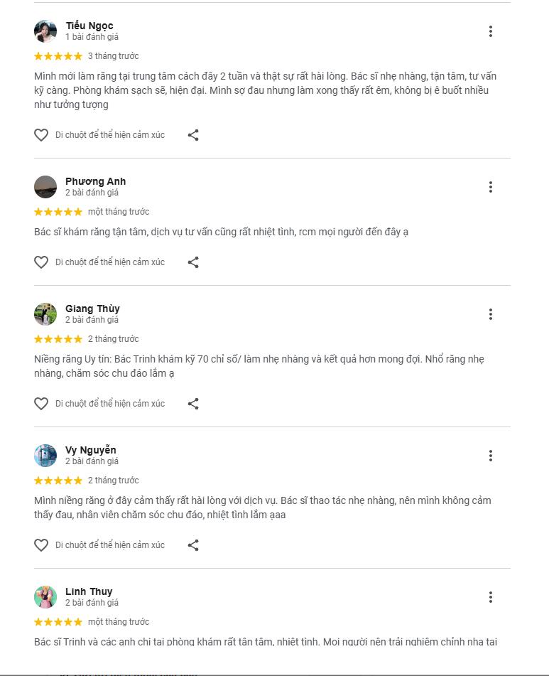 Không chỉ Quỳnh Anh, hàng trăm khách hàng khác cũng đã để lại những đánh giá tích cực trên Google về Nha khoa Beauty Dental, khẳng định vị thế của phòng khám là một trong những địa chỉ uy tín hàng đầu tại Hà Đông.