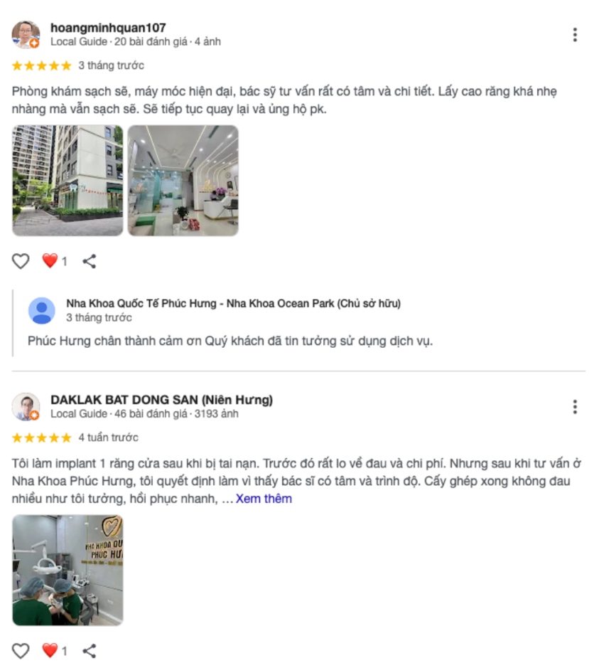 Nha khoa Quốc tế Phúc Hưng – Nha khoa chuẩn 5 sao tại Vinhomes Ocean Park đánh giá của khách hàng