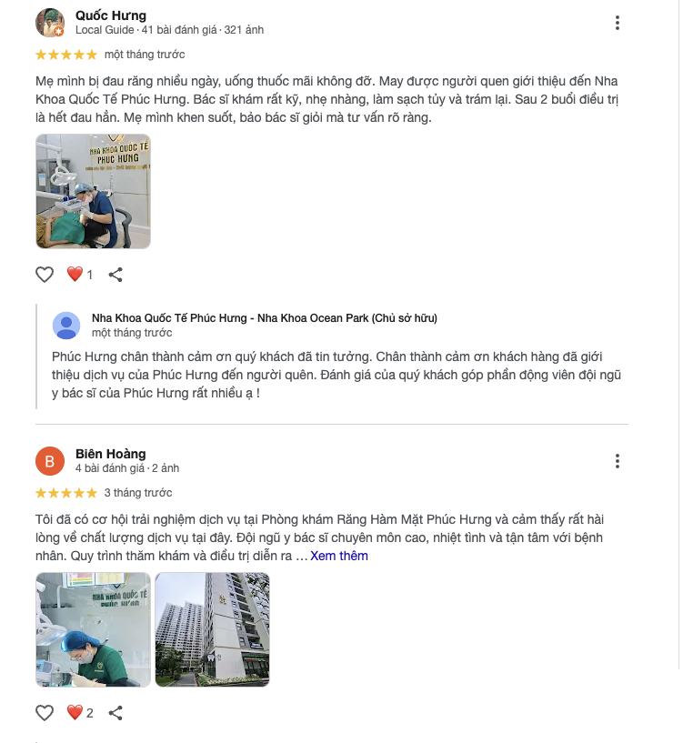 Nha khoa Quốc tế Phúc Hưng – Nha khoa chuẩn 5 sao tại Vinhomes Ocean Park đánh giá của khách hàng