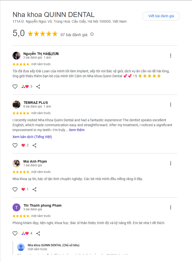Nha khoa QUINN Dental: Nơi nụ cười tỏa sáng như kim cương Đánh giá khách hàng về nha khoa