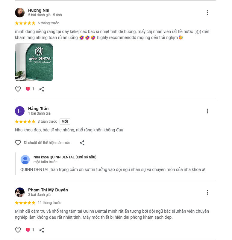 Nha khoa QUINN Dental: Nơi nụ cười tỏa sáng như kim cương Đánh giá khách hàng về nha khoa