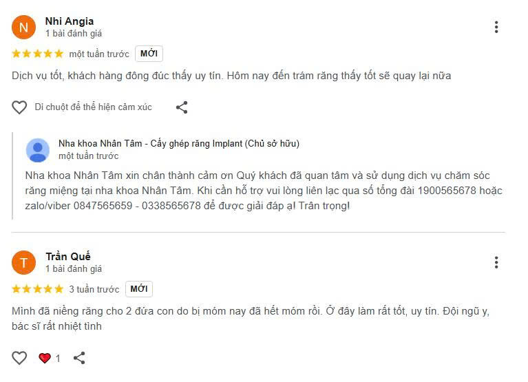 Khách hàng đánh giá cao Nhân Tâm ở sự nhẹ nhàng của bác sĩ trong quá trình điều trị, giúp bệnh nhân thoải mái