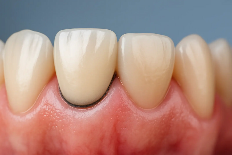 Trồng răng sứ bị đen chân răng: Nguyên nhân và cách khắc phục Dấu hiệu dễ nhận biết răng sứ đen chân là khu vực này có màu sẫm bất thường