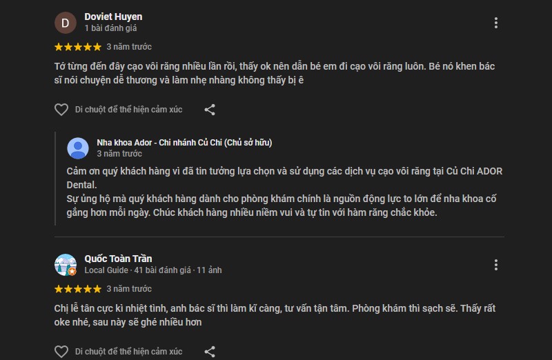 Gợi ý TOP 5 nha khoa ở Củ Chi cho người dân tham khảo Đánh giá của khách hàng