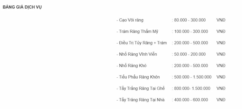 Top 4 nha khoa ở Ô Môn chất lượng, được nhiều người lựa chọn Bảng giá dịch vụ